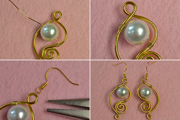 How to Make a Pair of Easy Golden Wire Wrapped Earrings with White Pearl Beads6004003
